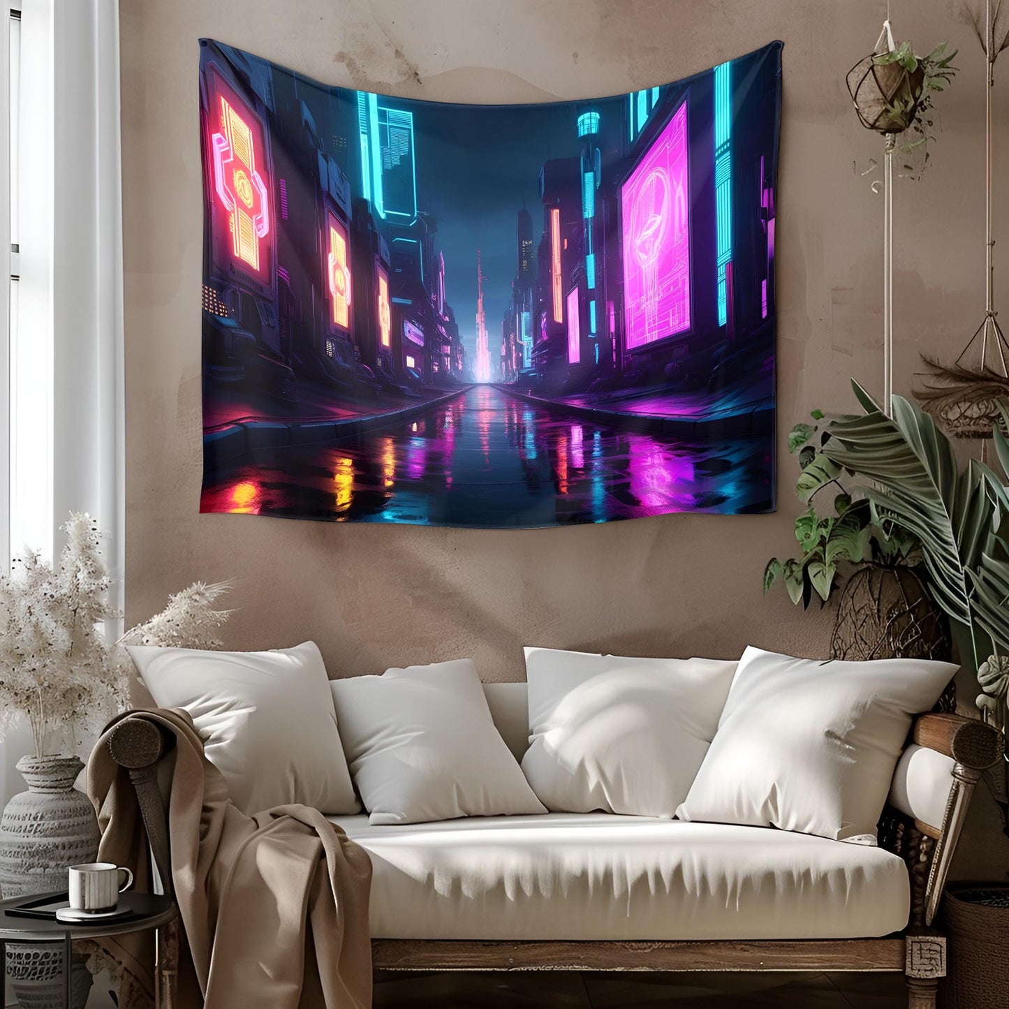 Futuristic Cyberpunk City Tapestry, Neon Holograms, Psychedelic Nightscape with Vibrant Reflections, Ultra-High Detail Art