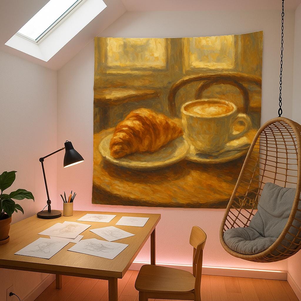 French Breakfast Tapestry Wall Art, Croissant and Coffee Painting Style Print, Cozy Kitchen Cafe Decor for Dining Room or Breakfast Nook