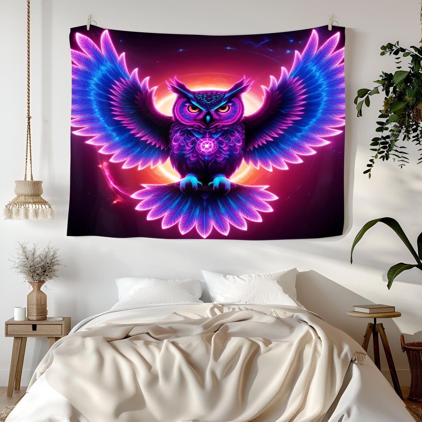 Neon Cosmic Owl Tapestry, Glowing Fractal Feathers & Hypnotic Eyes, Psychedelic Mystic Wall Art, Vibrant Light Trails Decor, Trippy Decor