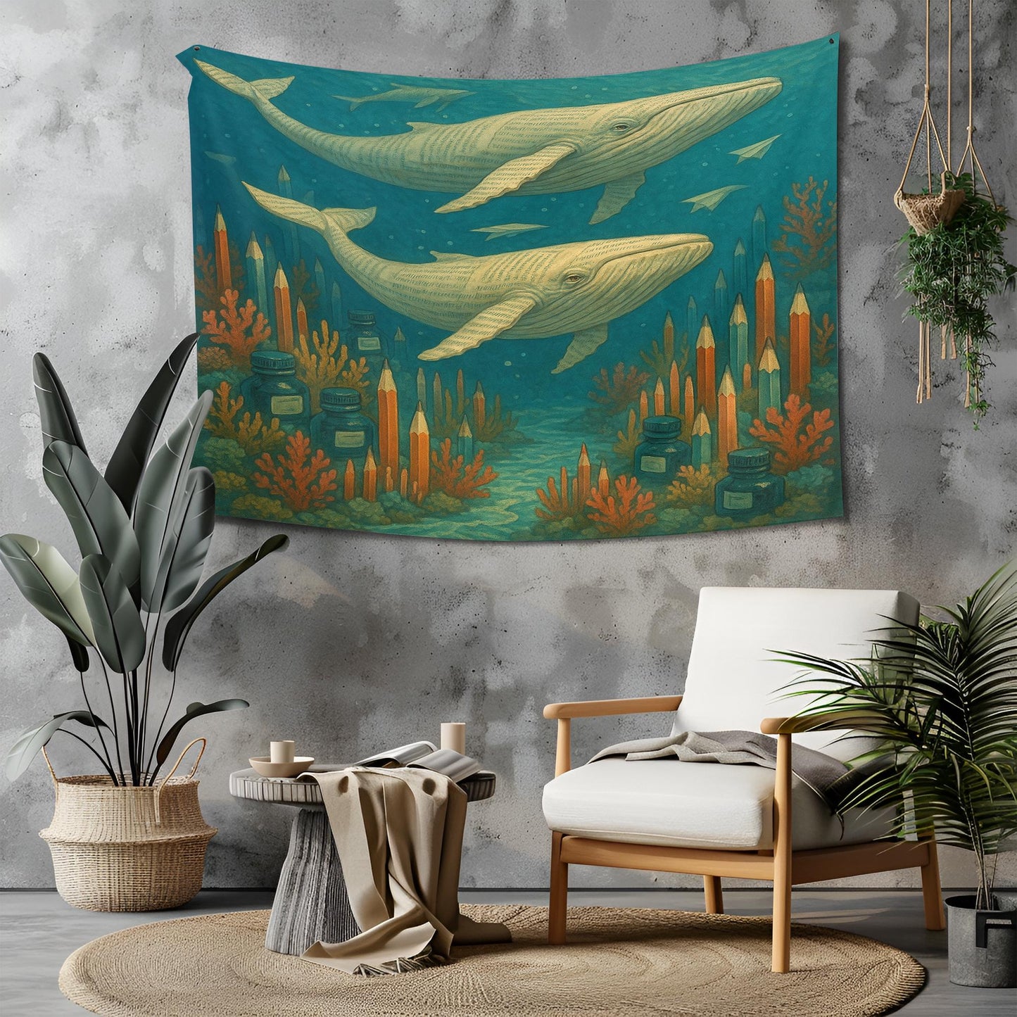 Book Page Whales Tapestry, Surreal Underwater Scene With Pencil Coral Reefs And Ink Sea, Dreamy Literary Wall Art, Gift For Book Lovers