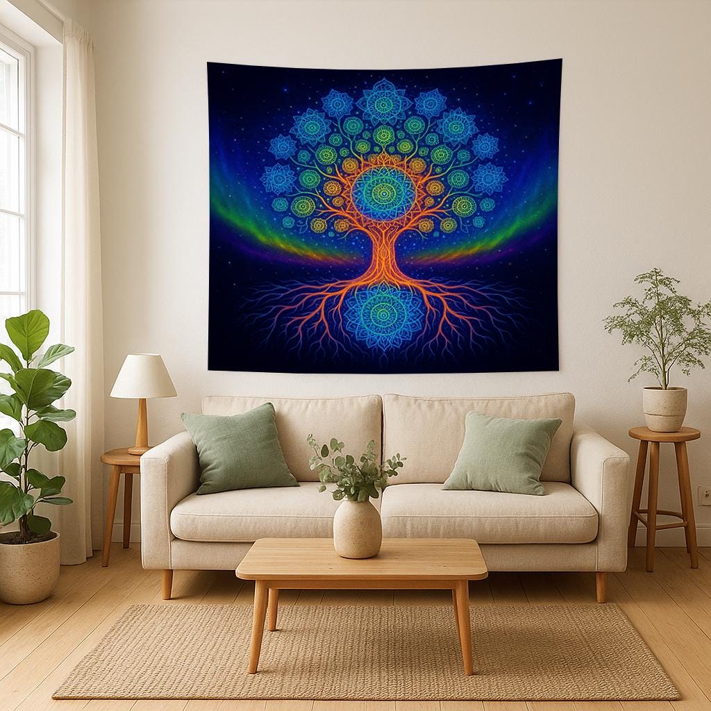 Mandala Tree of Life Tapestry Wall Hanging, Psychedelic Rainbow Art Decor, Spiritual Boho Wall Art for Bedroom Living Room Ambience