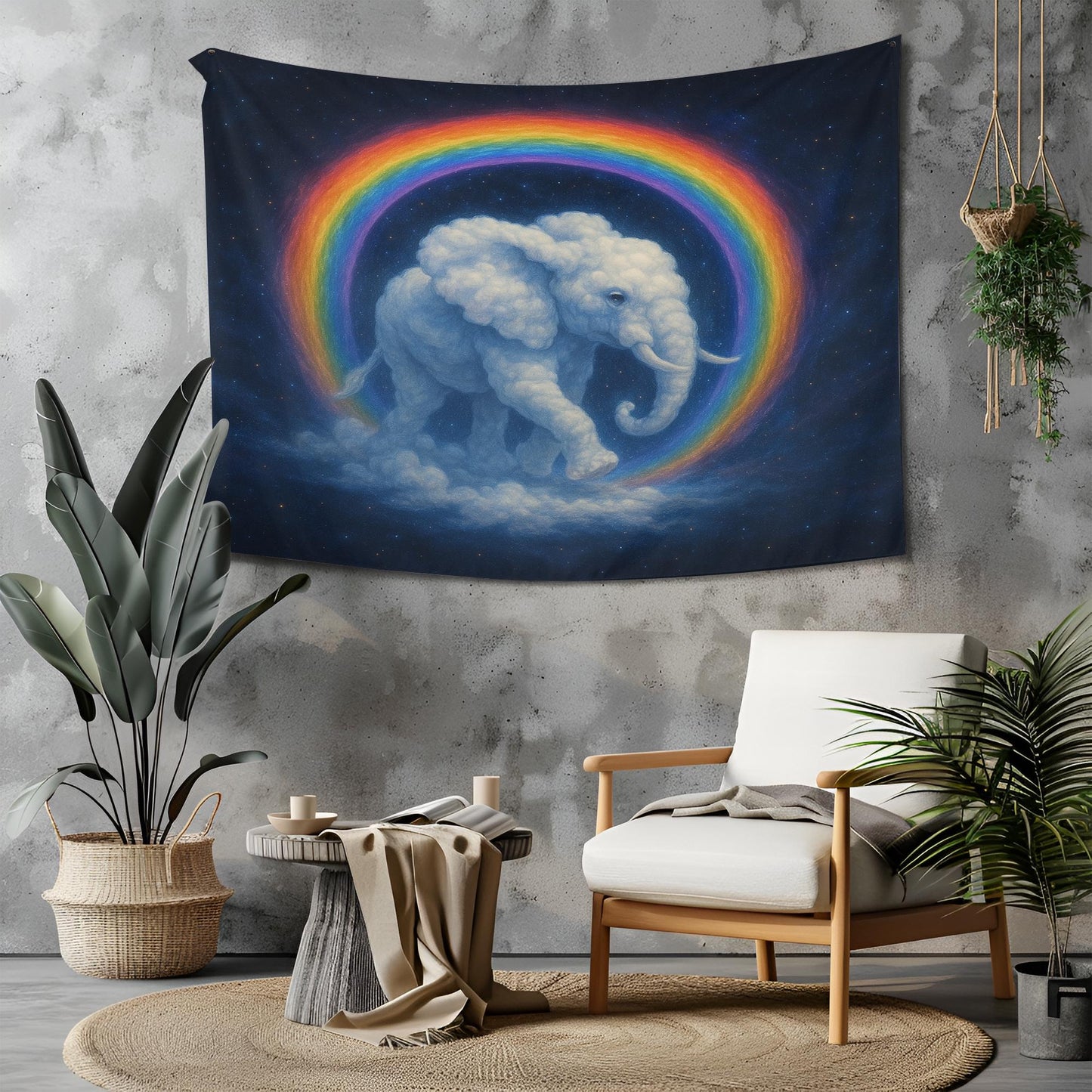 Rainbow Elephant Tapestry Wall Hanging, Dreamy Cloud Elephant Art For Kids Room Or Nursery, Whimsical Boho Decor Gift For Animal Lovers