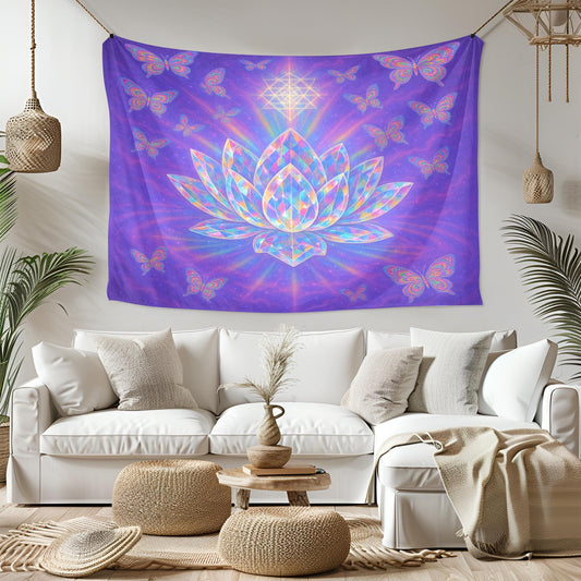 Crystal Lotus Tapestry, Spiritual Butterfly Wall Art, Pink Purple Boho Decor, Meditation Yoga Room Hanging, Sacred Geometry Gift
