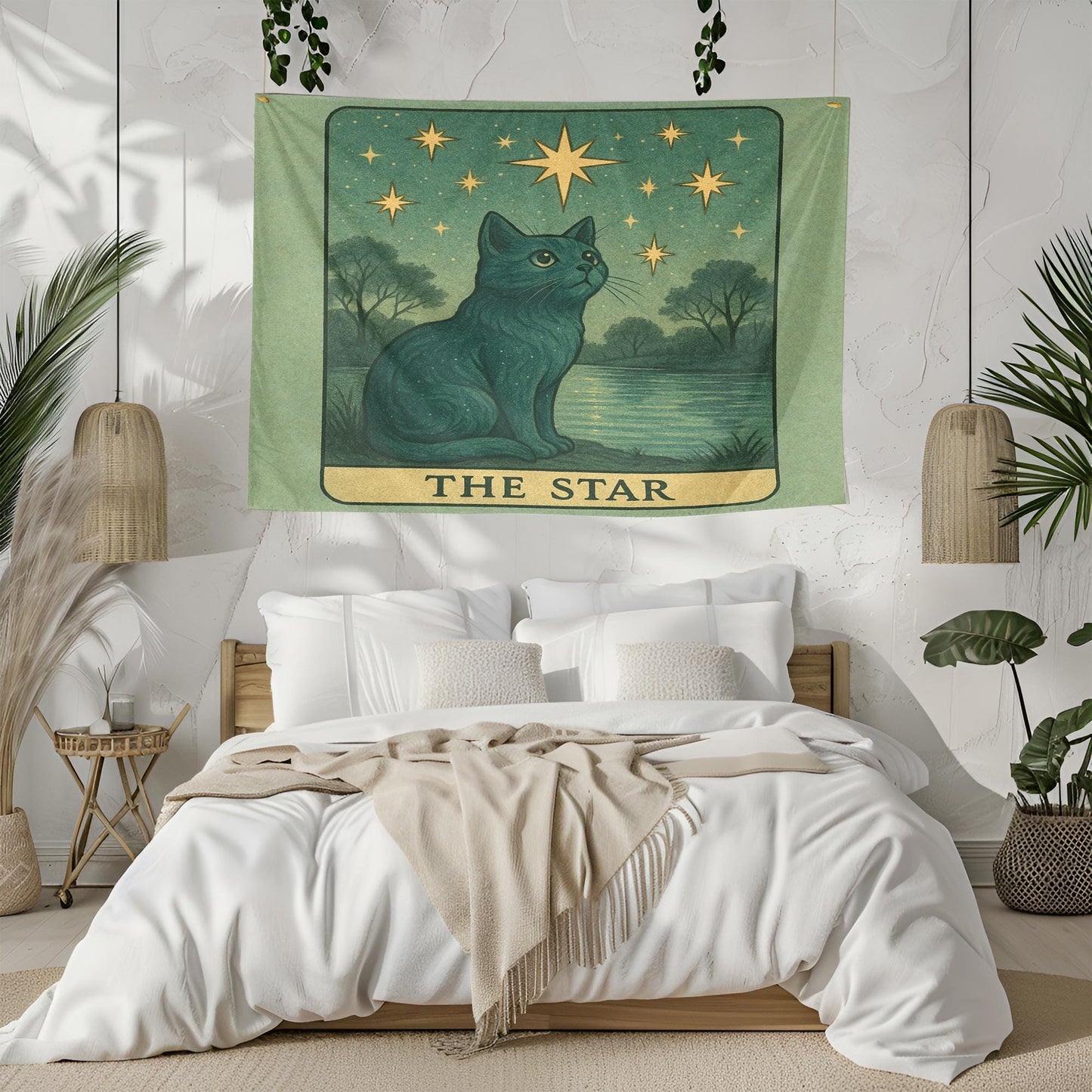 The Star Cat Tapestry – Celestial Tarot Wall Art, Mystical Cat Tapestry for Boho, Spiritual or Dorm Room Decor, Tarot Cat Tapestry