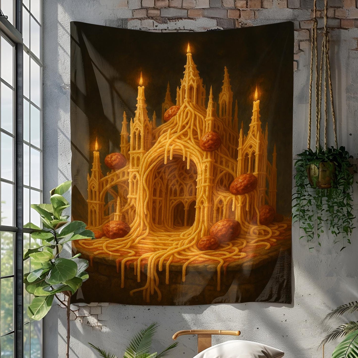 Gothic Spaghetti Cathedral Tapestry For Kitchen Decor Or Dorm Room, Funny Surreal Pasta Art Wall Hanging, Gift For Foodie Or Chef