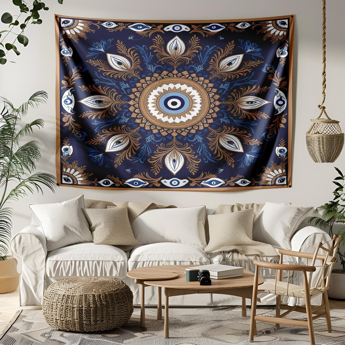 Mystic Turkish Evil Eye Tapestry, Anatolian Folk Art Wall Hanging, Turkish Wallhang, Deep Blue Gold White Decor, Symmetrical Pattern Design