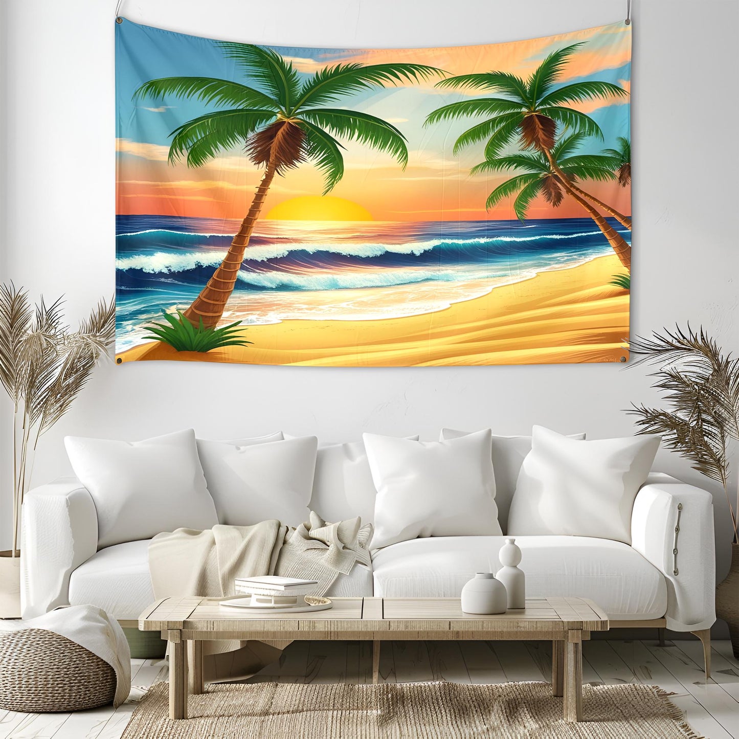 Tropical Beach Sunset Tapestry, Coconut Palm Trees & Golden Sand, Deep Blue Ocean Waves with Gentle Breeze, Warm Orange Sky Wall Art