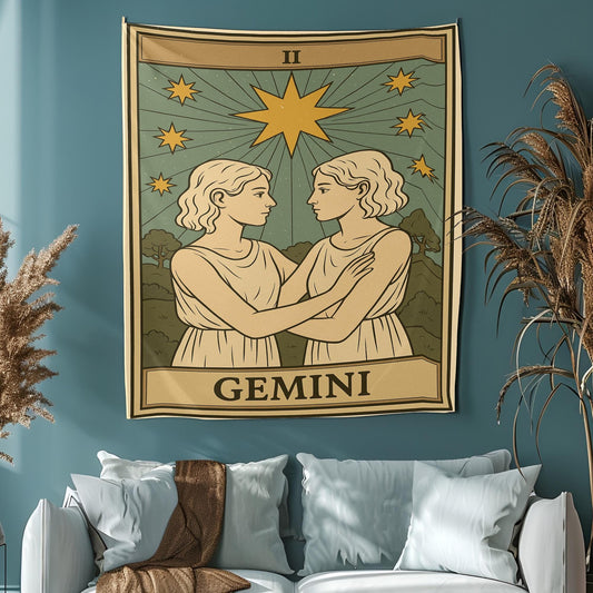 Gemini Zodiac Tapestry Wall Hanging – Celestial Twins Astrology Art for Bedroom, Dorm Room, Meditation Space or Unique Gift Idea