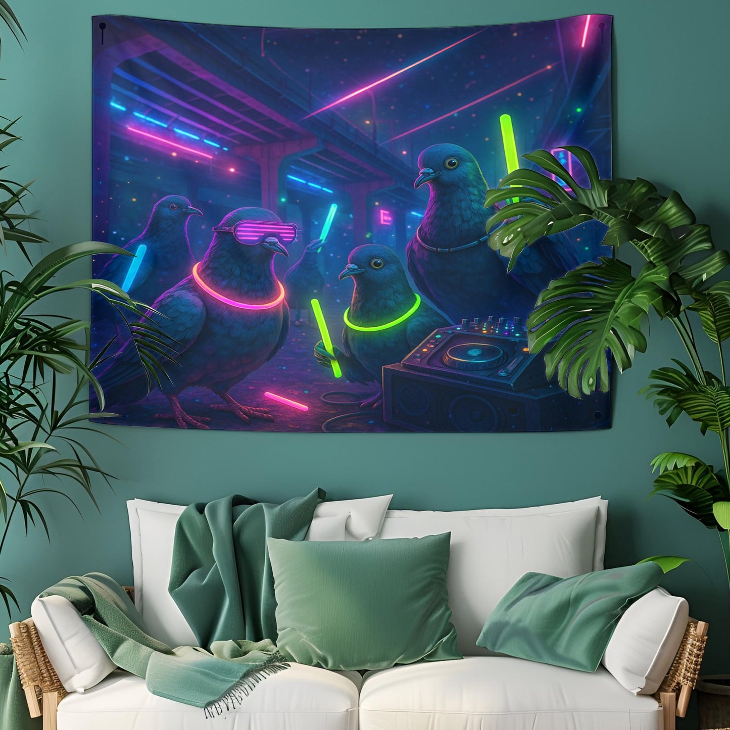 Neon Rave Pigeon Tapestry, Funny Glow Party Wall Art For Dorm Or Game Room, DJ Pigeon Decor, Cool Gift For Bird Lovers And Party Fans