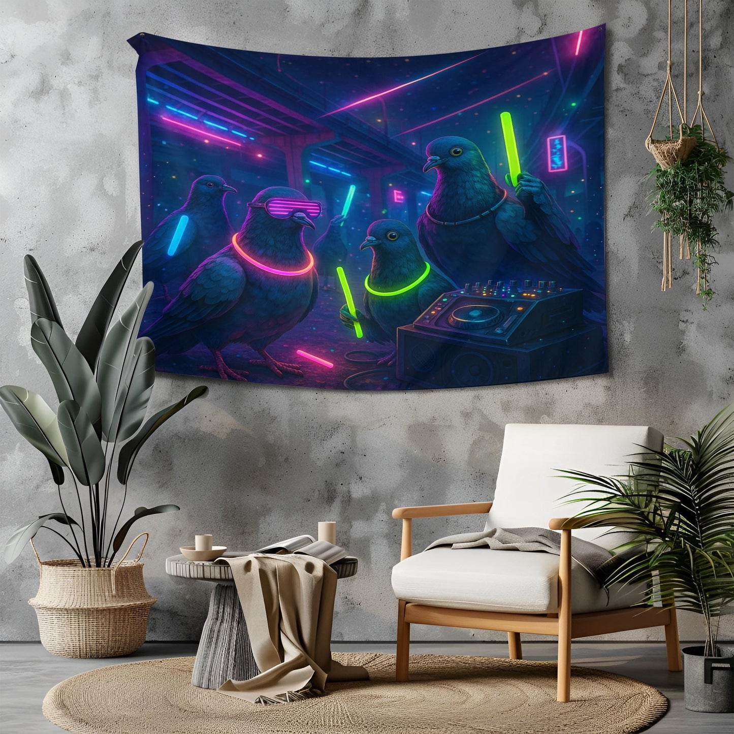 Neon Rave Pigeon Tapestry, Funny Glow Party Wall Art For Dorm Or Game Room, DJ Pigeon Decor, Cool Gift For Bird Lovers And Party Fans