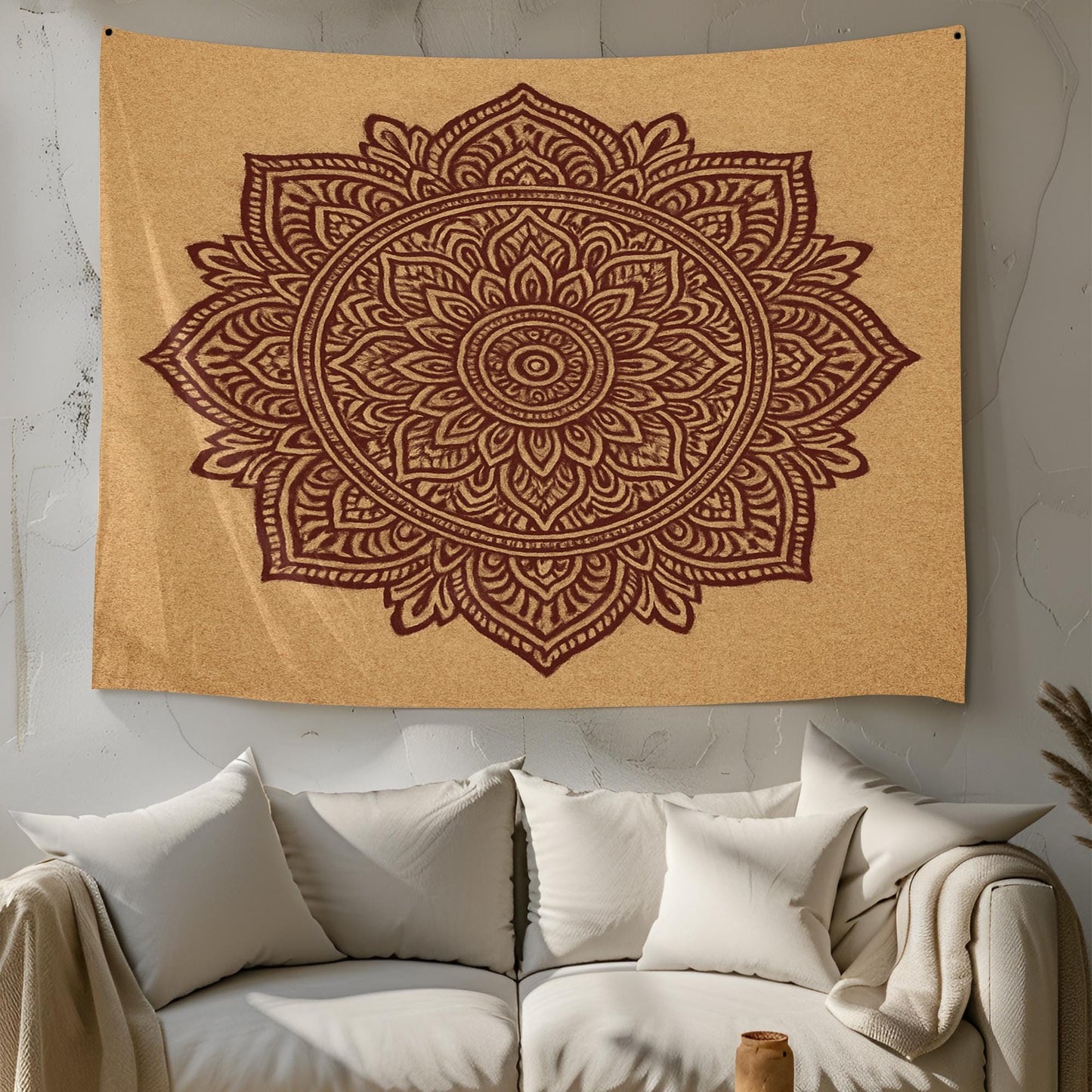 Minimalist Boho Mandala Tapestry – Beige and Brown Lotus Wall Hanging for Meditation, Bedroom, or Yoga Space, Boho Tapestry, Indian Mandala