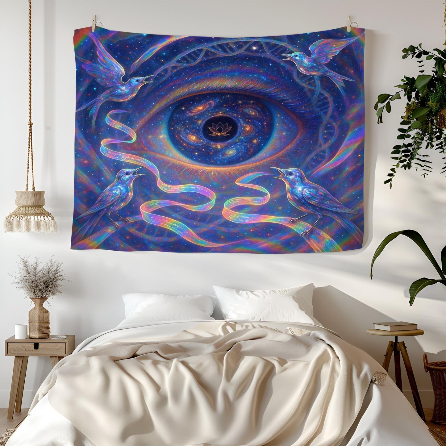 Cosmic Eye Tapestry – Trippy Bird and Galaxy Wall Art, Third Eye Vision Decor, Psychedelic Surreal Scene, Spiritual DNA Energy Art, Lotus