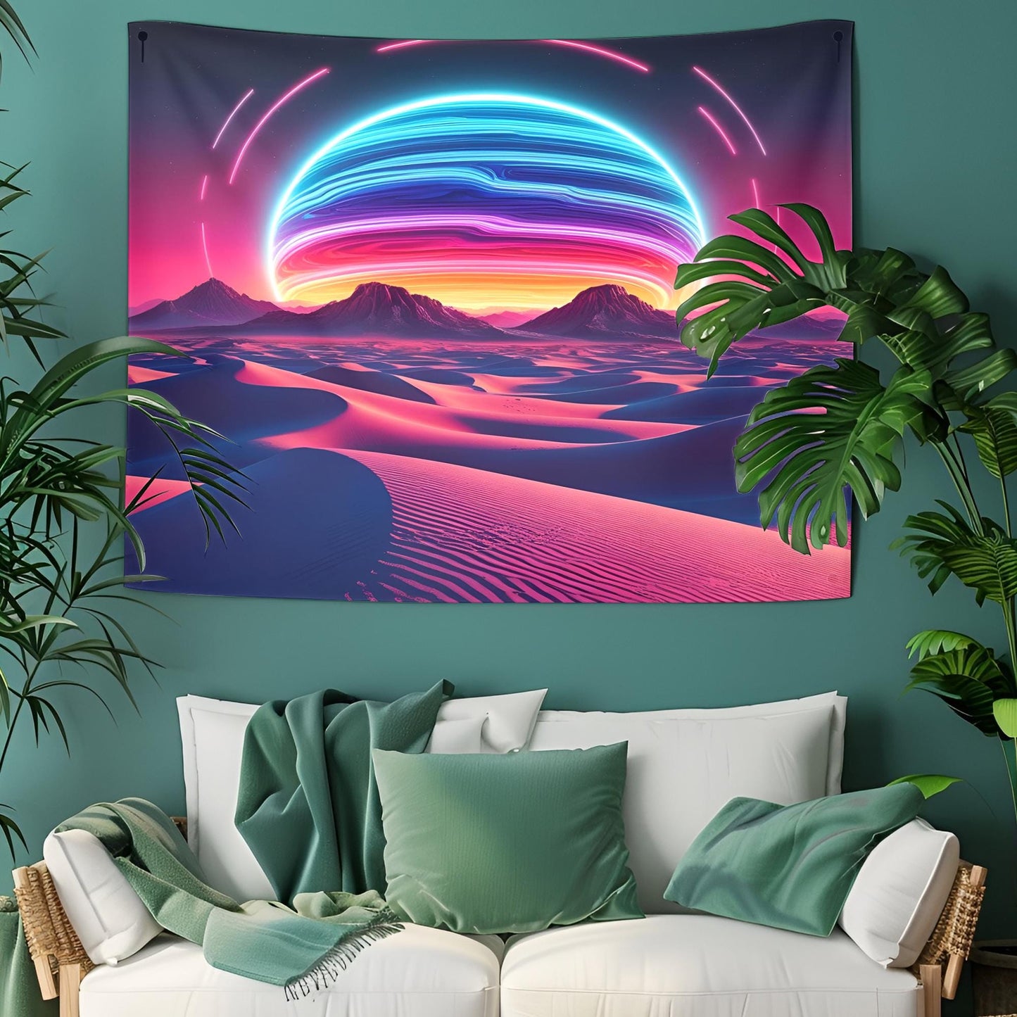 Psychedelic Desert Tapestry, Glowing Sand Dunes & Neon Sun, Surreal Melting Mountains, Retro-Futuristic Dreamscape Art, Trippy Tapestry