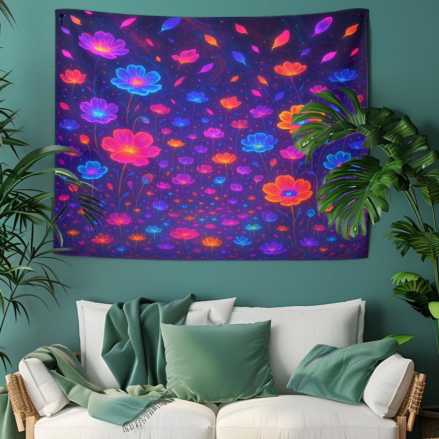 Surreal Bioluminescent Flower Field Tapestry, Psychedelic Fantasy Wall Art, Glowing Neon Petals, Dreamy Decor, Gift For Her Or Him