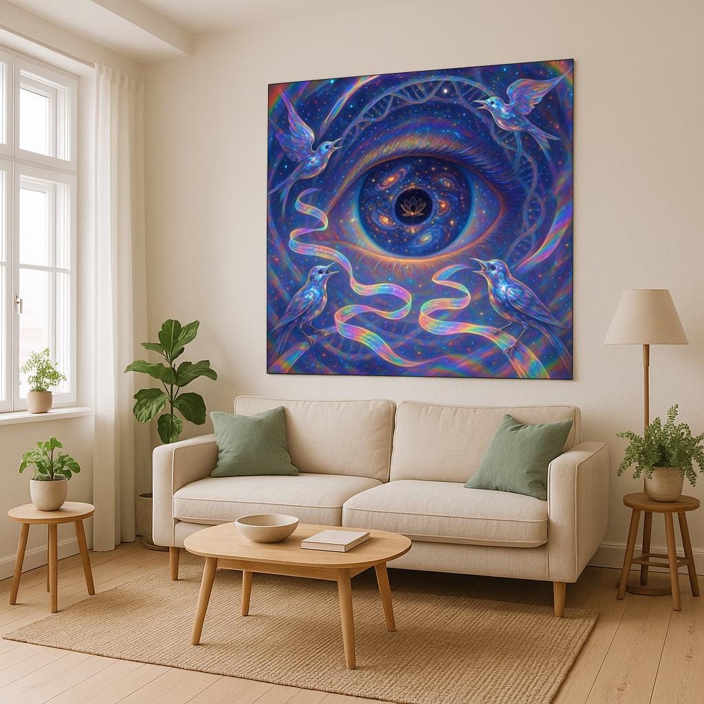 Cosmic Eye Tapestry – Trippy Bird and Galaxy Wall Art, Third Eye Vision Decor, Psychedelic Surreal Scene, Spiritual DNA Energy Art, Lotus