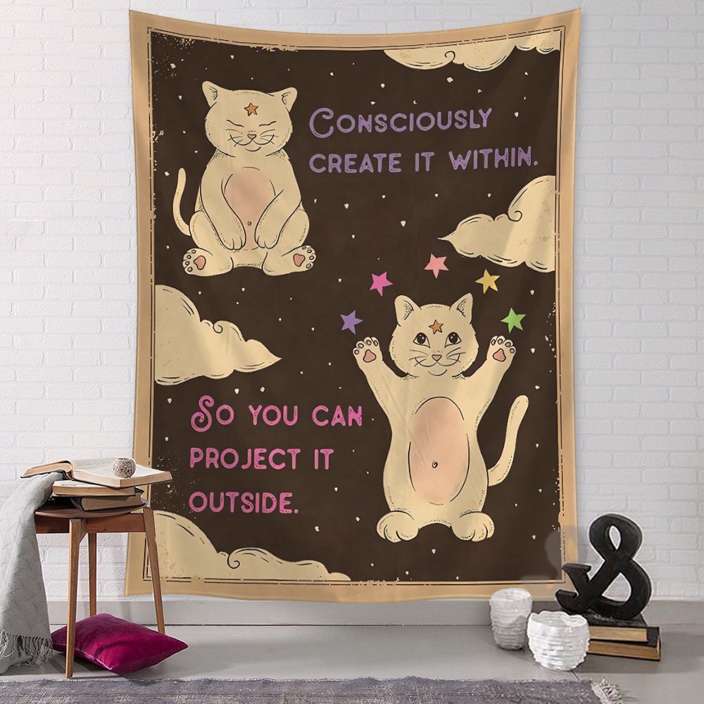 Manga Illustration, Tapestry Art, Cartoon Cat, Aesthetics ,Room Bedroom Living Room Kawaii Home Decor Adorable Art Prints Cute Cat Artwork