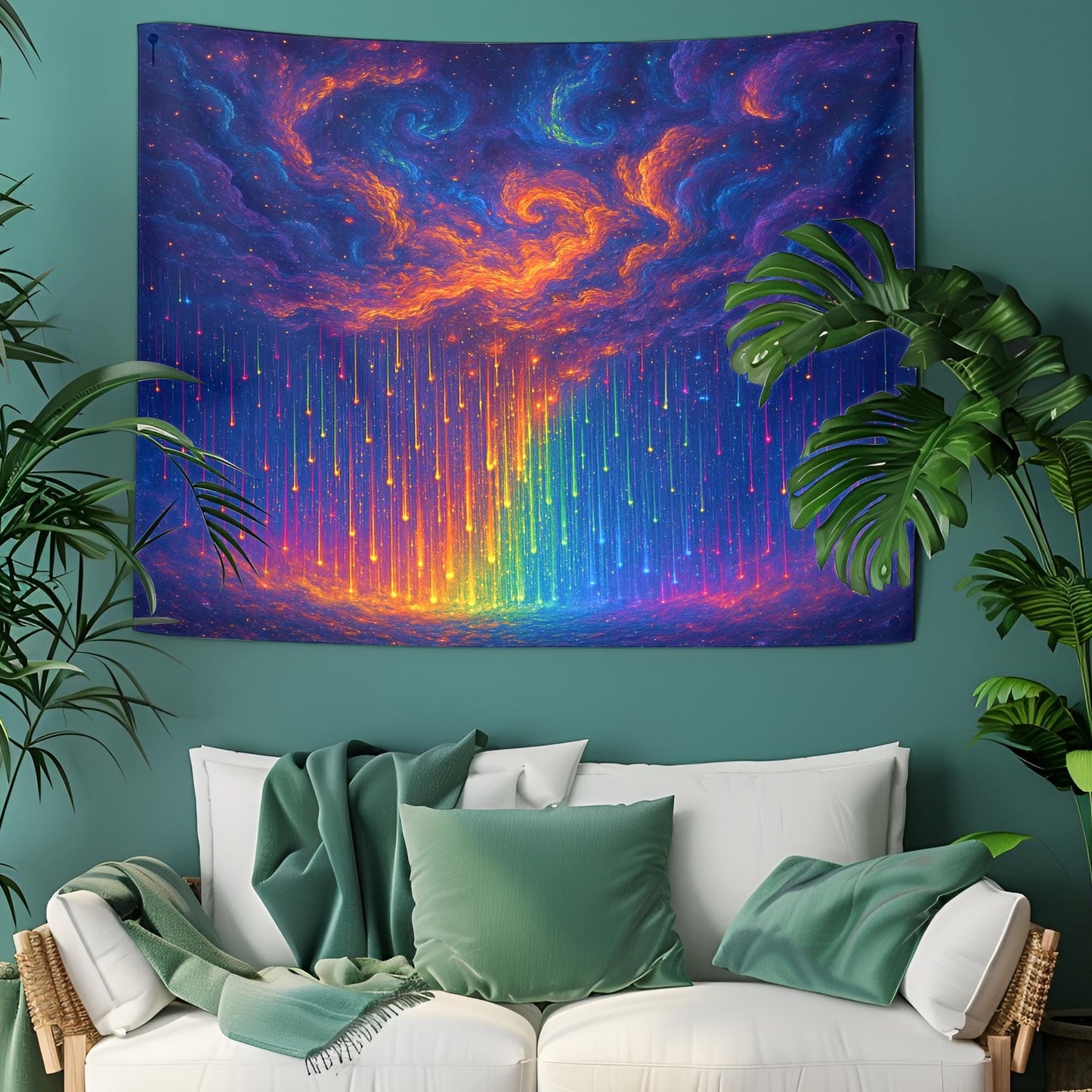 Cosmic Storm Tapestry with Glowing Rainbow Rain and Swirling Nebulae in a Surreal Dreamlike Atmosphere with Trippy Mesmerizing Effect