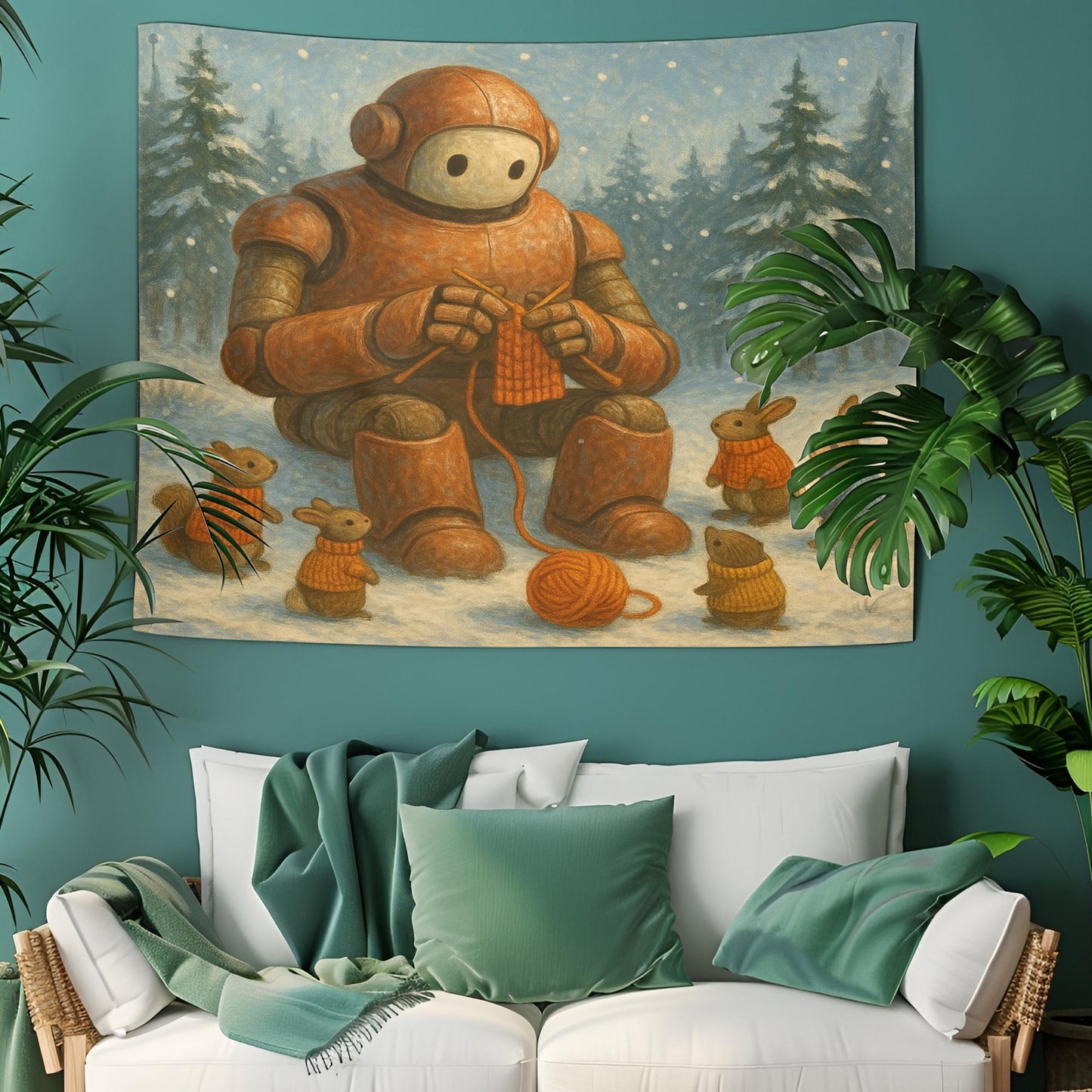 Robot Knitting Tapestry With Woodland Animals, Cozy Winter Wall Art, Whimsical Bunny Decor For Kids Room, Gift For Sci Fi Fantasy Lovers