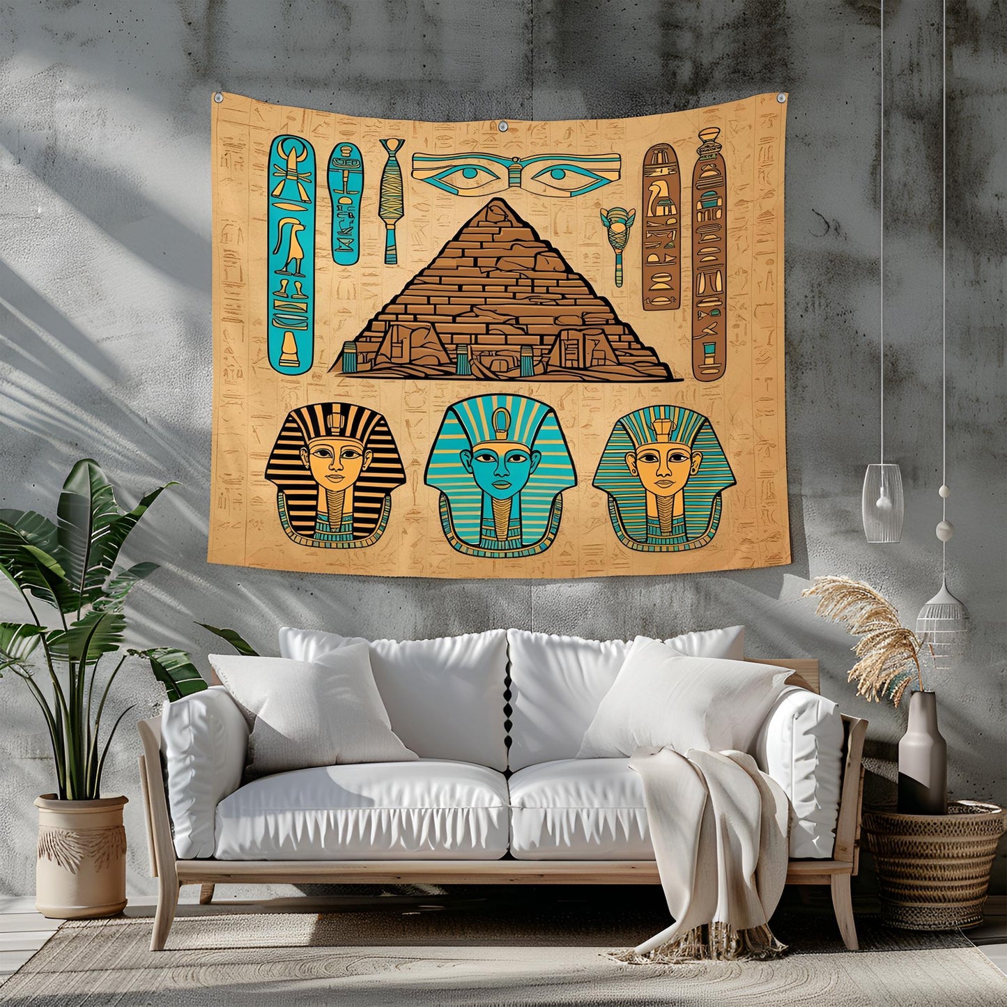Egyptian Tapestry with Hieroglyphs, Pyramids & Pharaoh Masks, Golden Brown Turquoise Tones, Ancient Papyrus Texture Wall Art