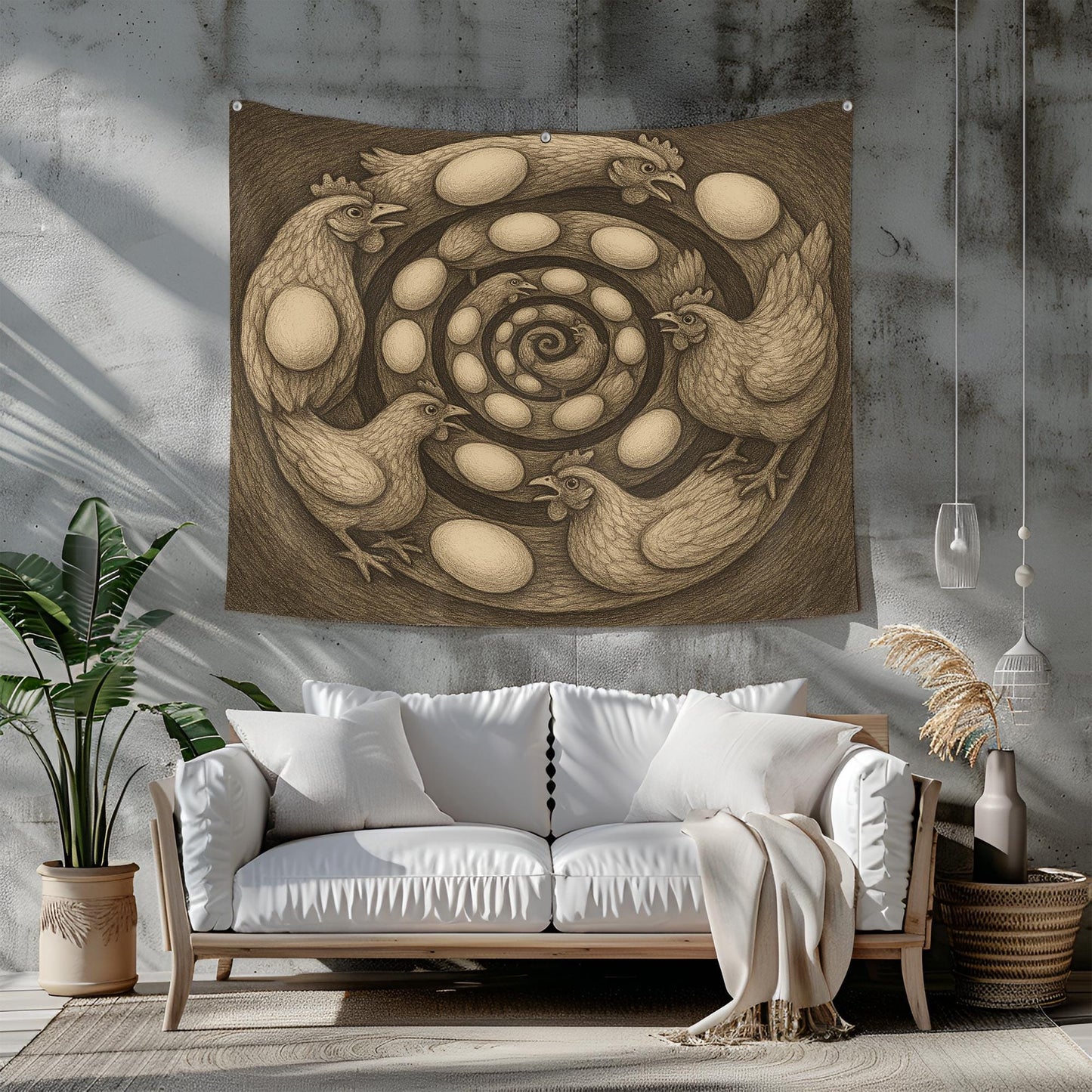 Spiral Chicken Egg Tapestry, Surreal Farmhouse Wall Art, Optical Illusion Hen Print For Kitchen, Dorm Room Or Rustic Country Home Decor