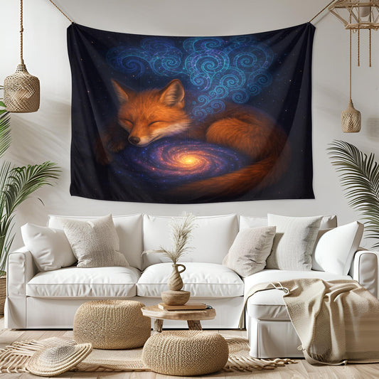 Sleeping Fox Galaxy Wall Tapestry, Mystical Animal and Universe Art Print, Dreamy Celestial Decor for Boho Bedroom or Meditation Space