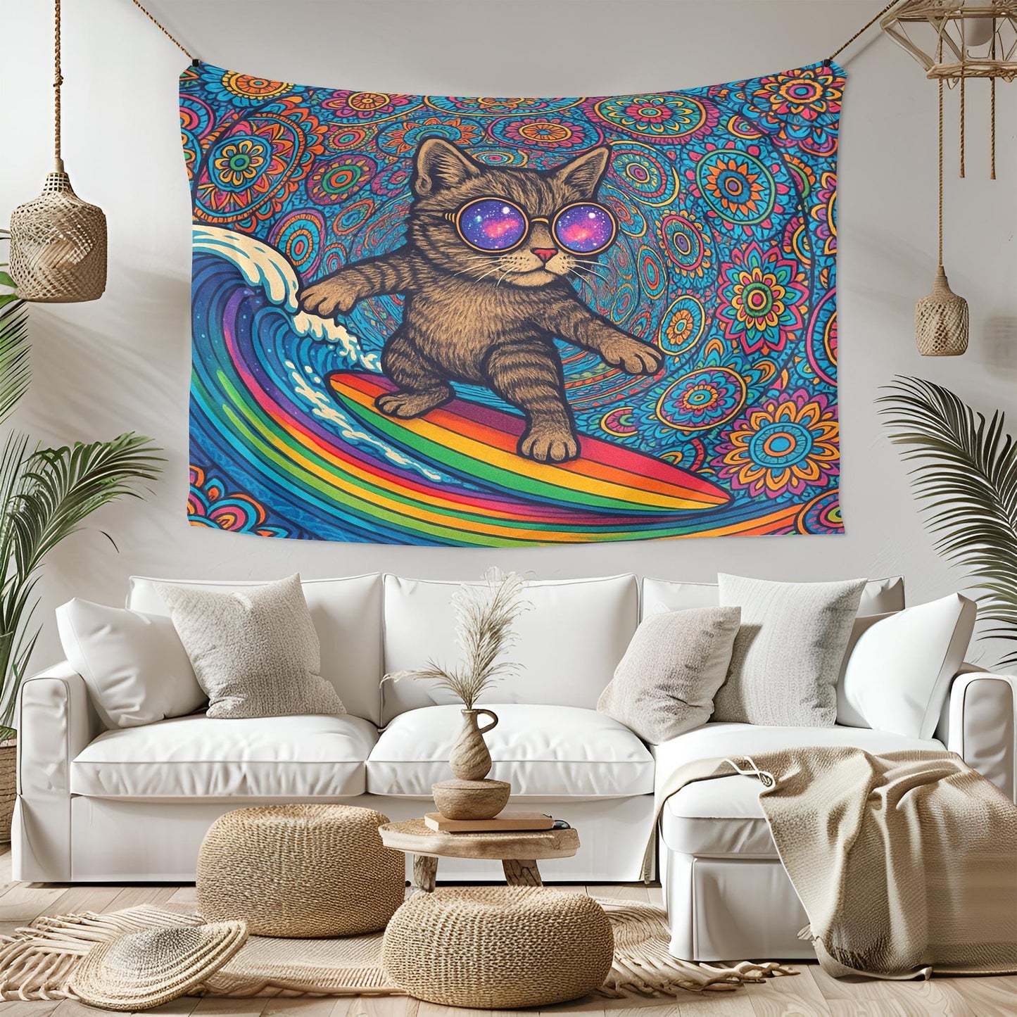 Psychedelic Surfing Cat Wall Tapestry, Trippy Rainbow Surfboard Art with Cool Kitten in Sunglasses, Fun Boho Decor for Dorm or Bedroom