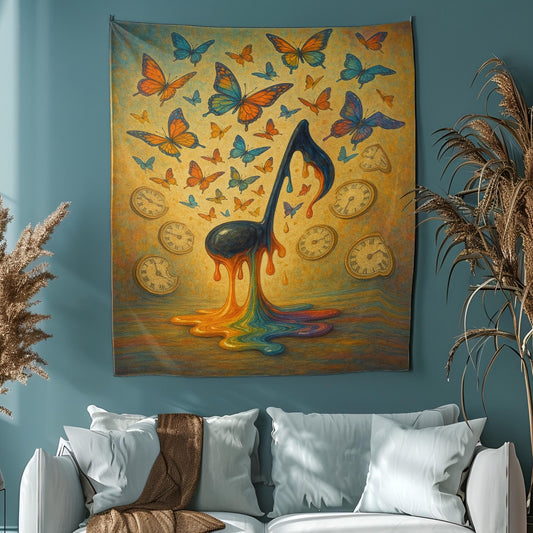 Melting Music Note Tapestry With Rainbow Drip, Surreal Clocks And Butterflies Dreamscape Wall Art, Trippy Retro Gift For Music Lovers