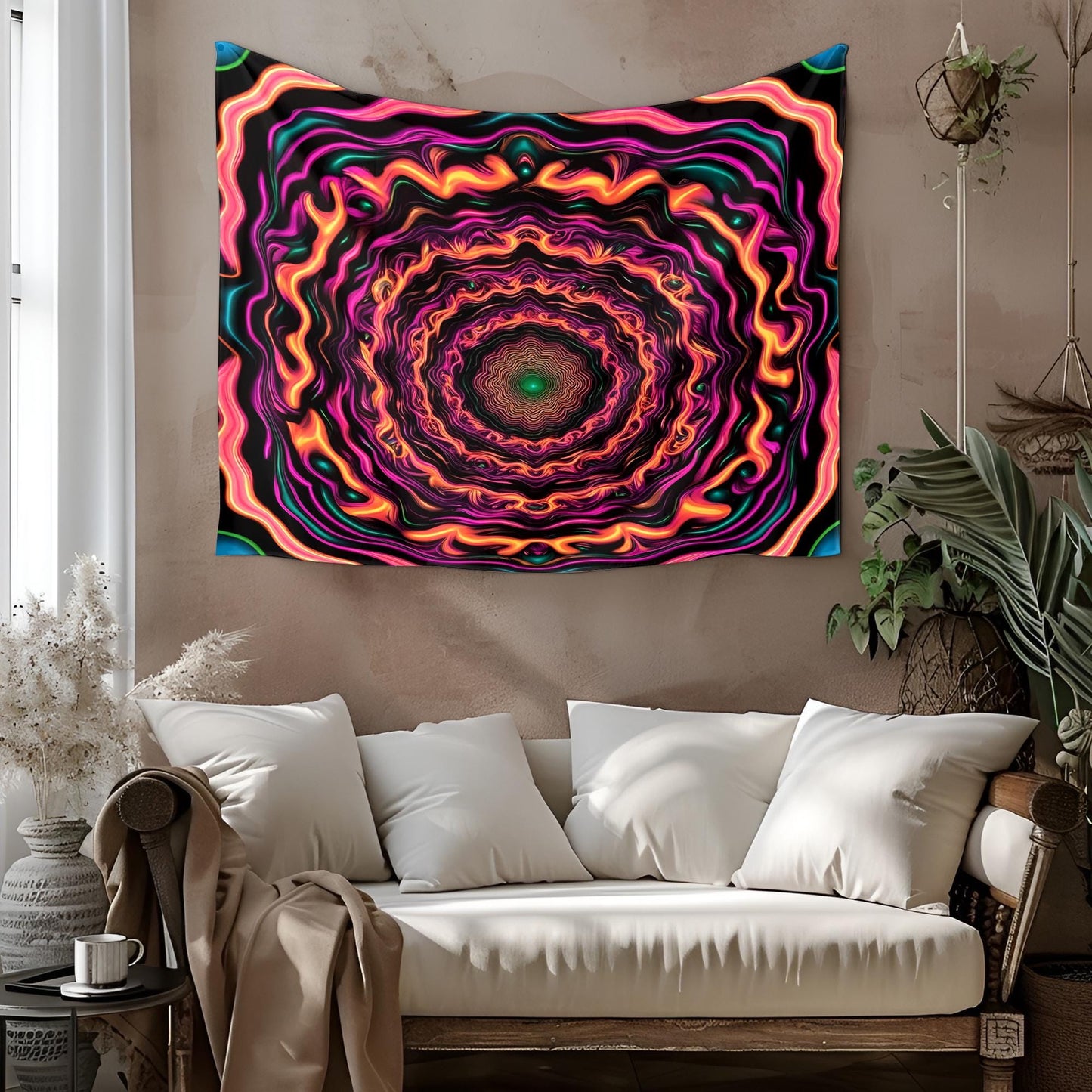 Trippy Optical Illusion Tapestry, Hypnotic Neon Swirl Wall Art, Endless Moving Pattern, Mind-Bending Psychedelic Decor, Tapestry Neon