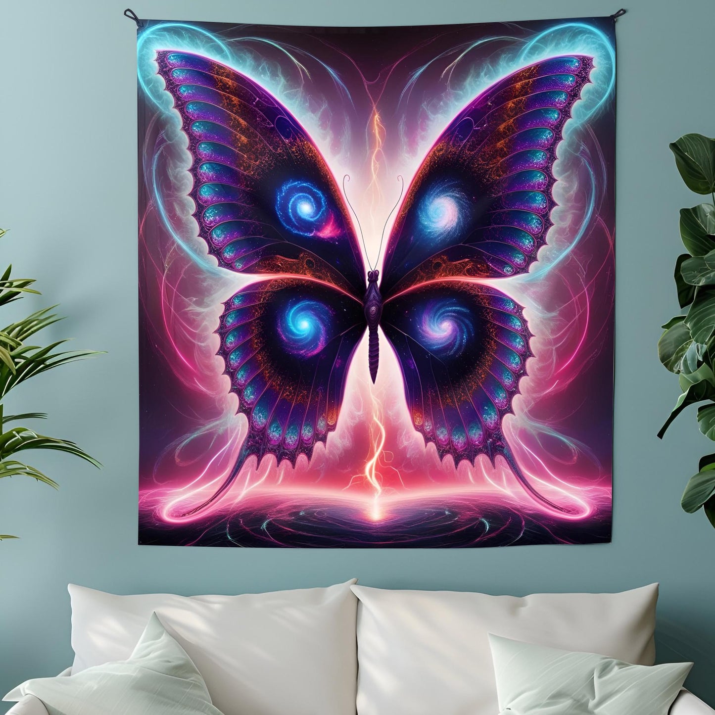 Psychedelic Galaxy Butterfly Tapestry, Neon Fractal Wings, Glowing Energy Trails, Surreal Dreamscape Wall Art, Trippy Tapestry, Psychedelic
