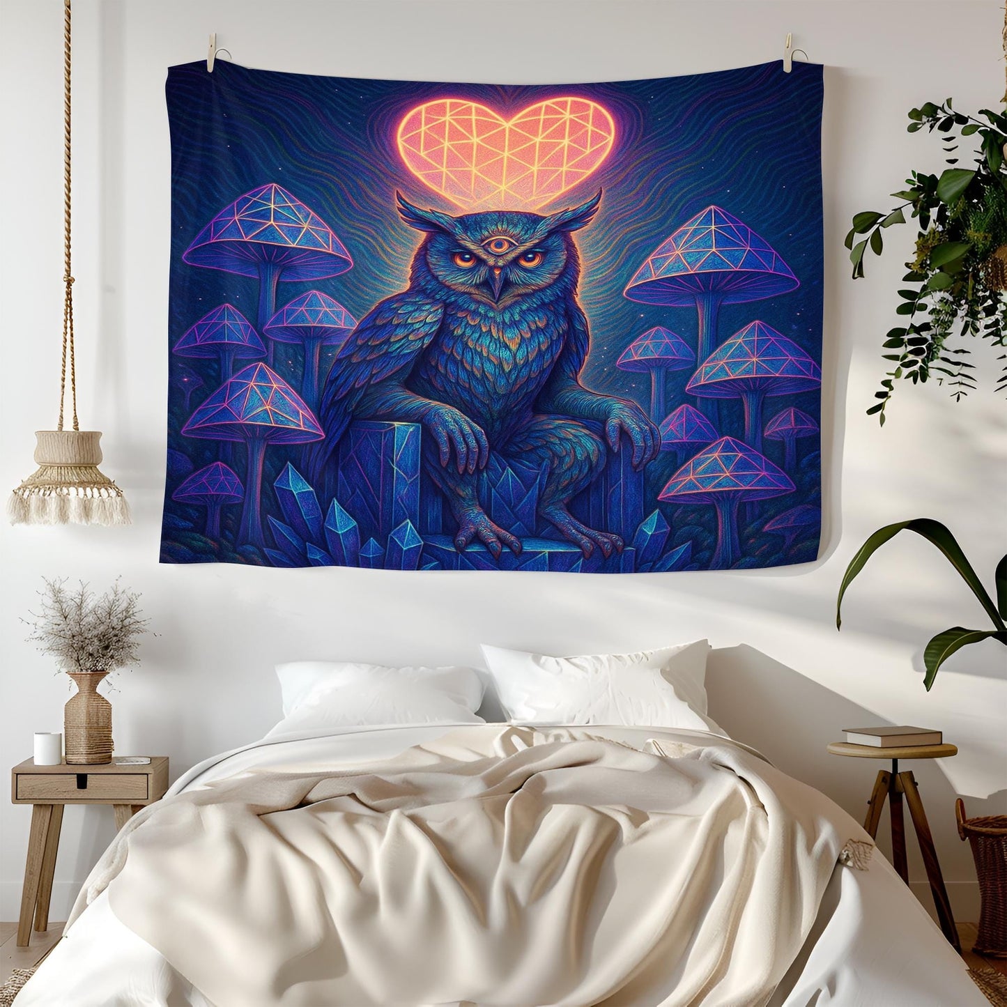 Psychedelic Owl Tapestry – Third Eye Forest Wall Art, Trippy Mushroom Decor, Visionary Crystal Owl Print, Geometric Heart Scene