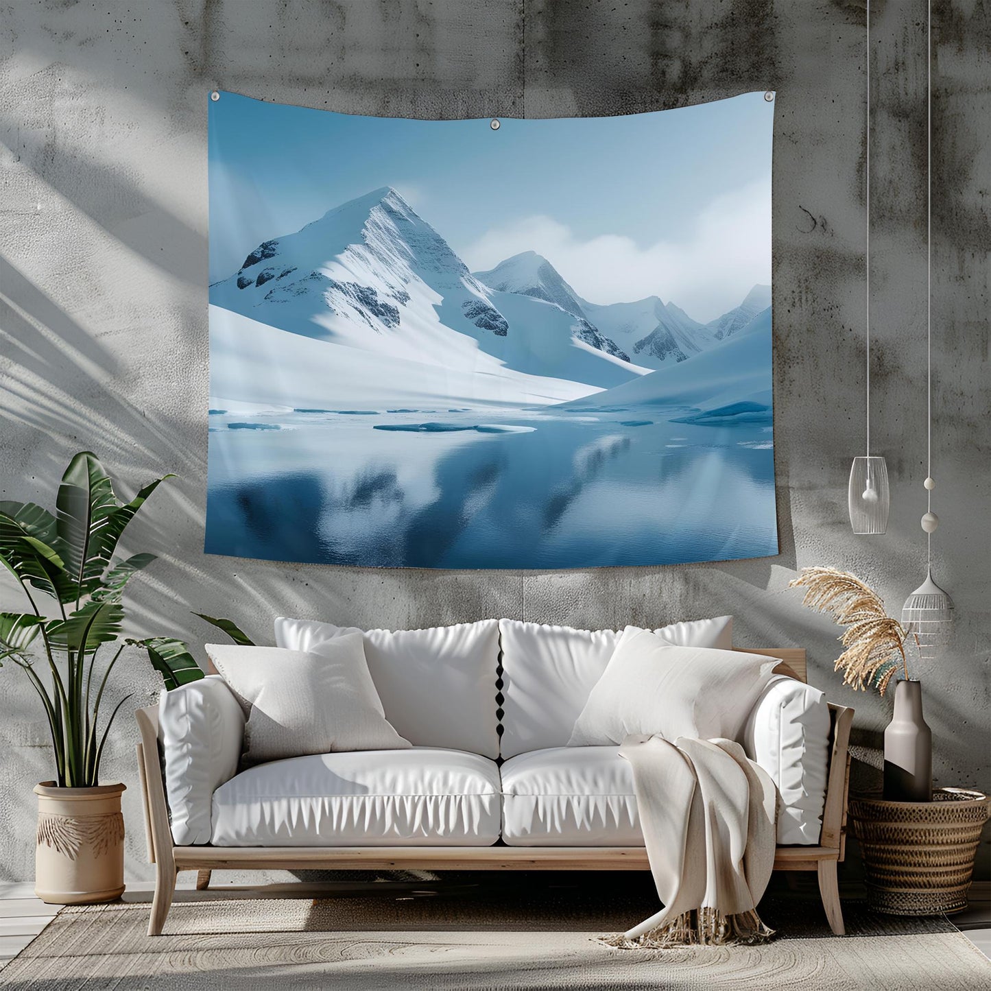 Snow-Covered Mountain Peaks Tapestry, Cool Blue Tones with Misty Softened Edges, Icy Reflections, Minimalist & Stylized Landscape Art