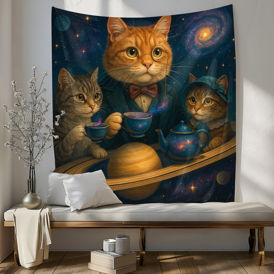 Galaxy Cat Tapestry Wall Hanging, Whimsical Space Tea Party Art, Astronaut Cat Decor For Bedroom Or Living Room, Gift For Cat Lovers 50"x60"