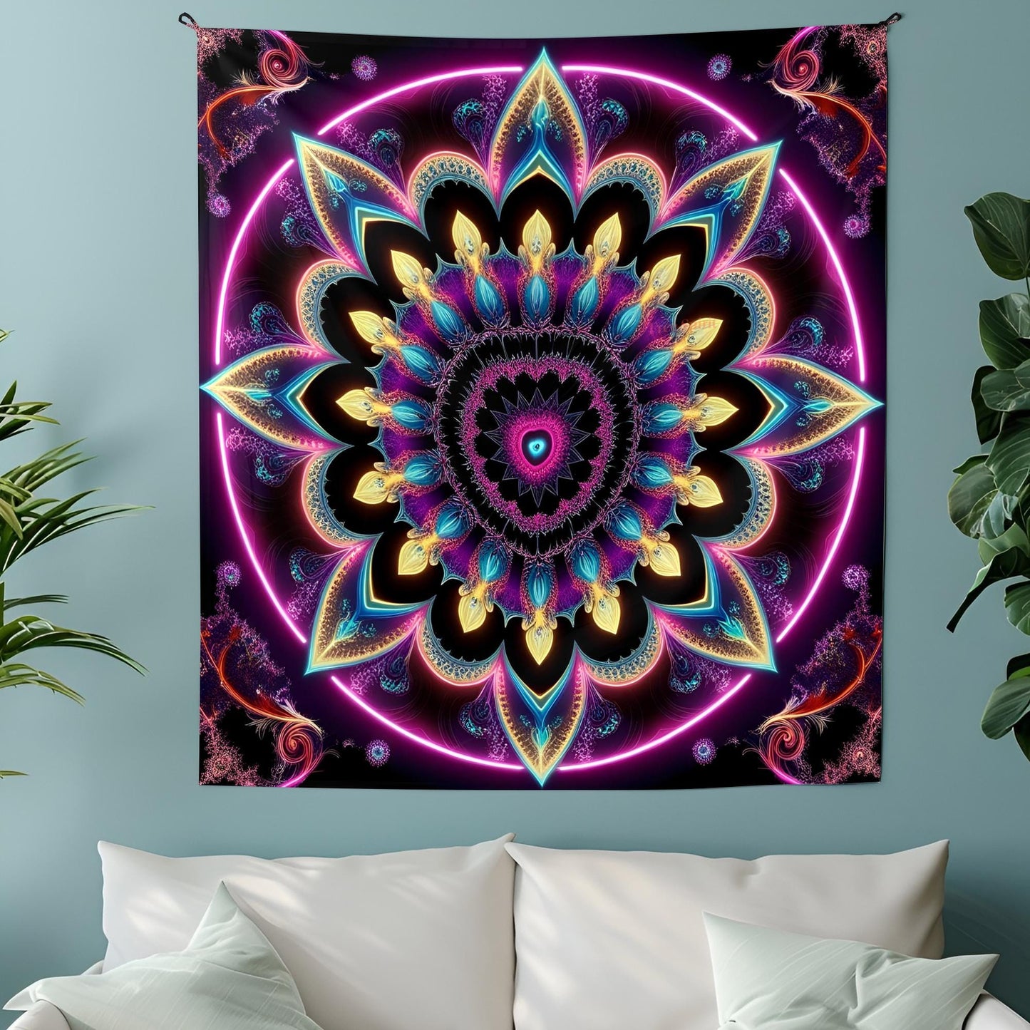 Psychedelic Fractal Mandala Tapestry, Neon Sacred Geometry Wall Art, Hypnotic Waves & Vibrant Patterns, Ultra HD Trippy Decor, Psychedelic