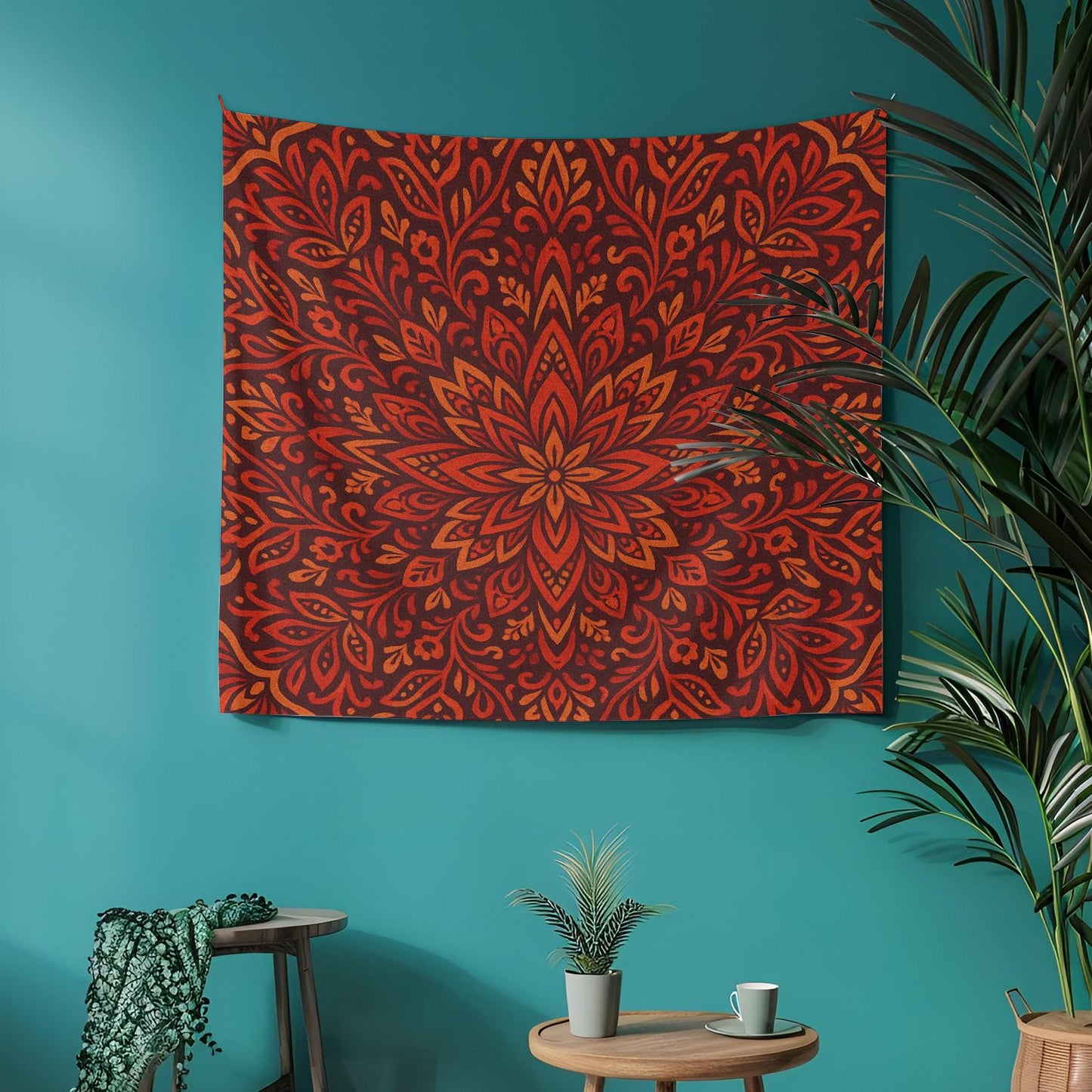 Red and Orange Boho Mandala Tapestry – Vibrant Floral Wall Hanging for Living Room or Dorm, Ethnic Spiritual Room Decor with Warm Tones