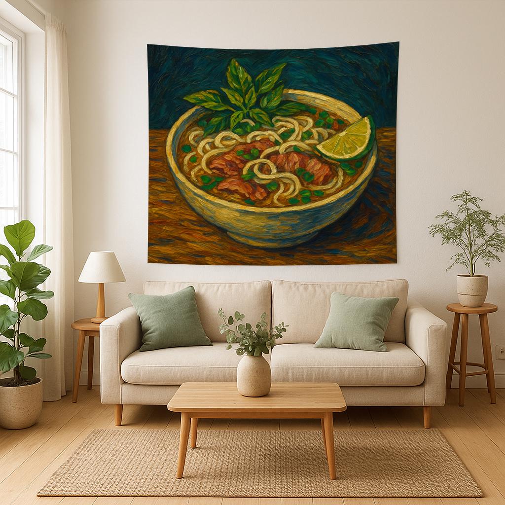 Vietnamese Pho Noodle Soup Wall Tapestry, Hand-Painted Style Food Art with Lime and Herbs, Cozy Kitchen or Dining Room Asian Cuisine Decor