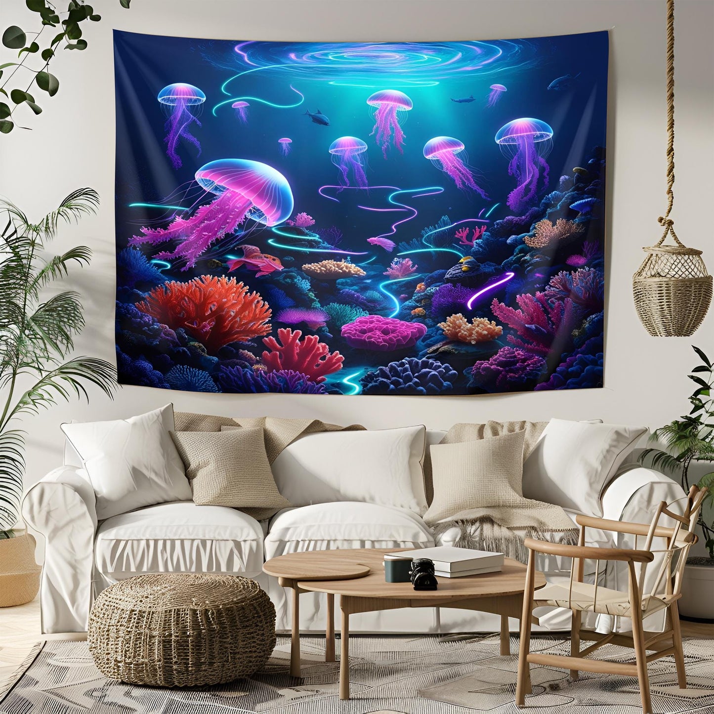 Psychedelic Underwater Tapestry, Glowing Coral Reefs, Bioluminescent Sea Creatures, Cosmic Jellyfish, Swirling Neon Light Ocean Art
