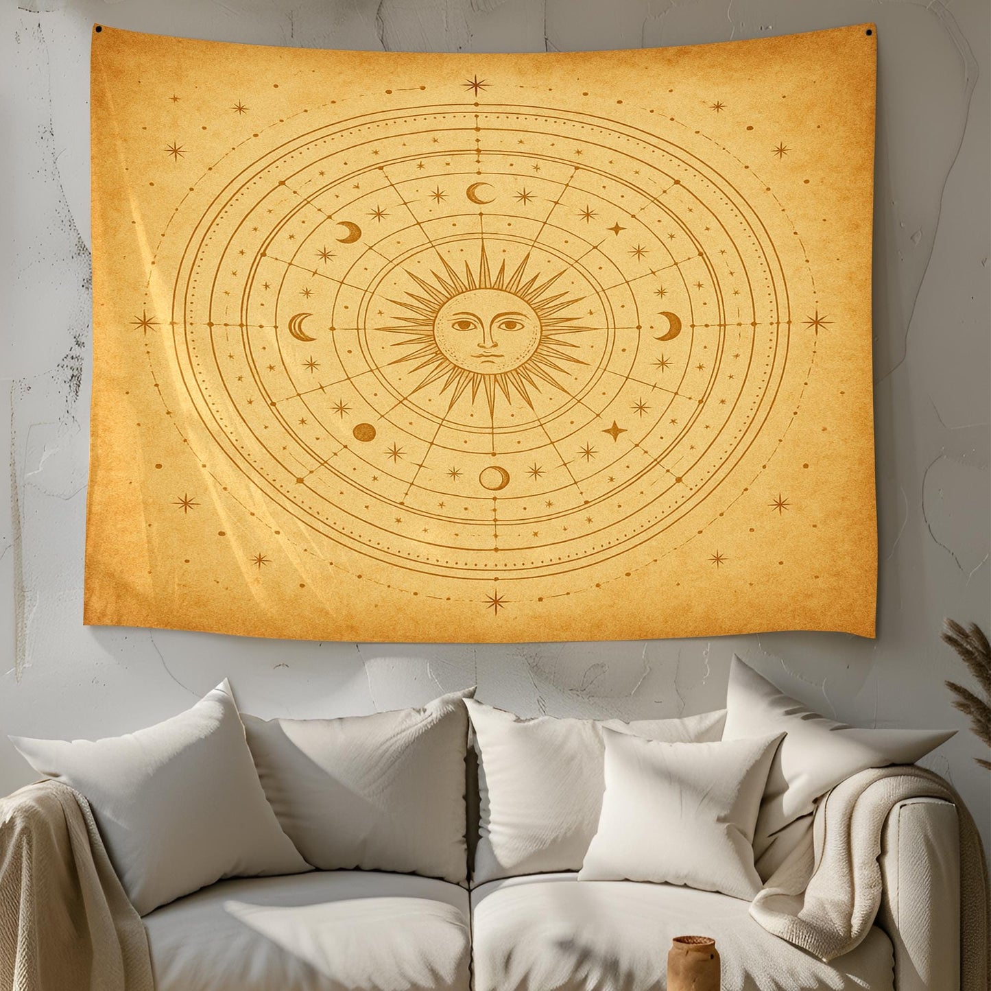 Mystical Celestial Wall Tapestry with Sun Moon Phases and Star Map – Vintage Beige Astrological Wall Art for Boho Bedroom or Meditation