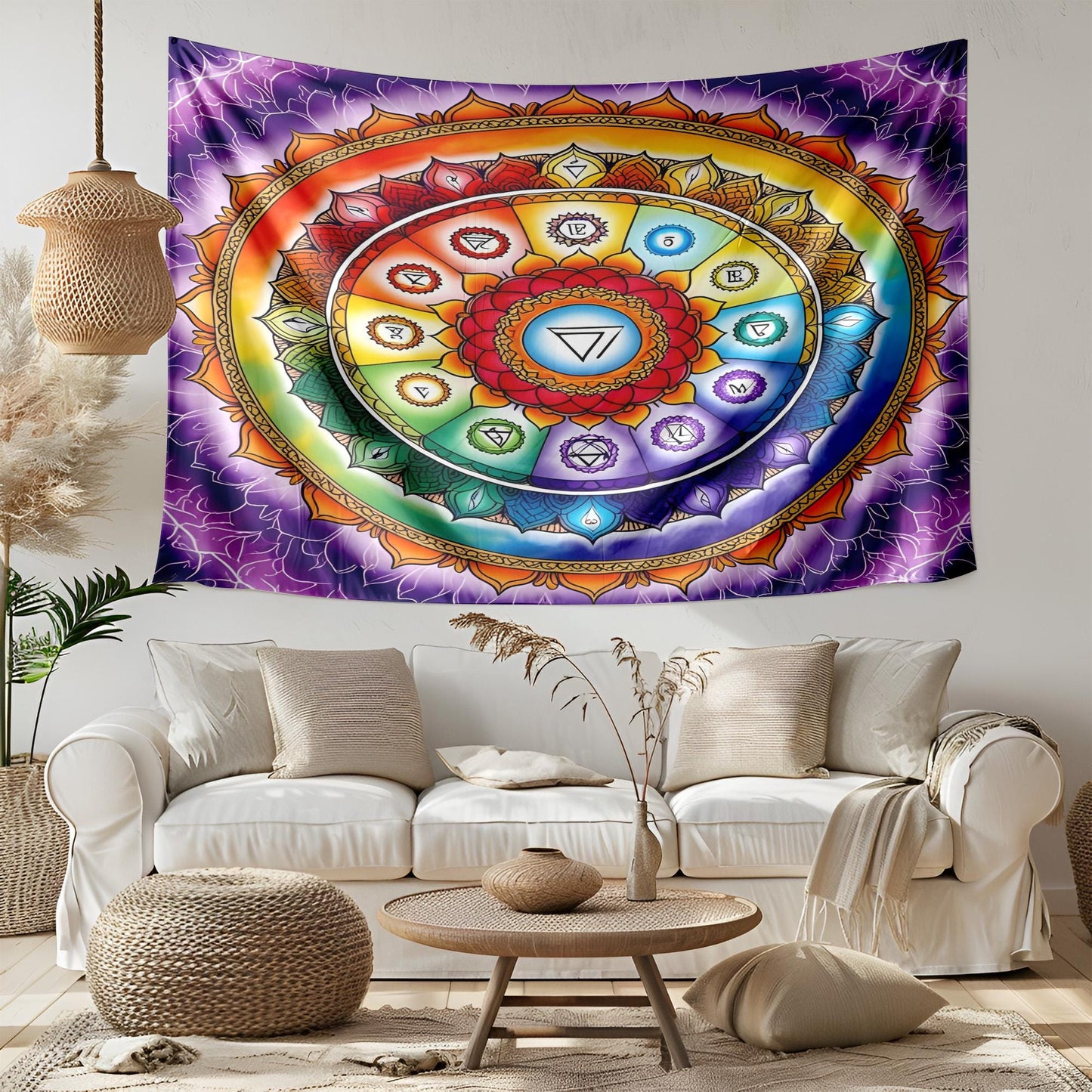 Vibrant Chakra Mandala Tapestry, Seven Energy Centers Wall Hanging, Spiritual Healing Decor, Colorful Yoga Meditation Art