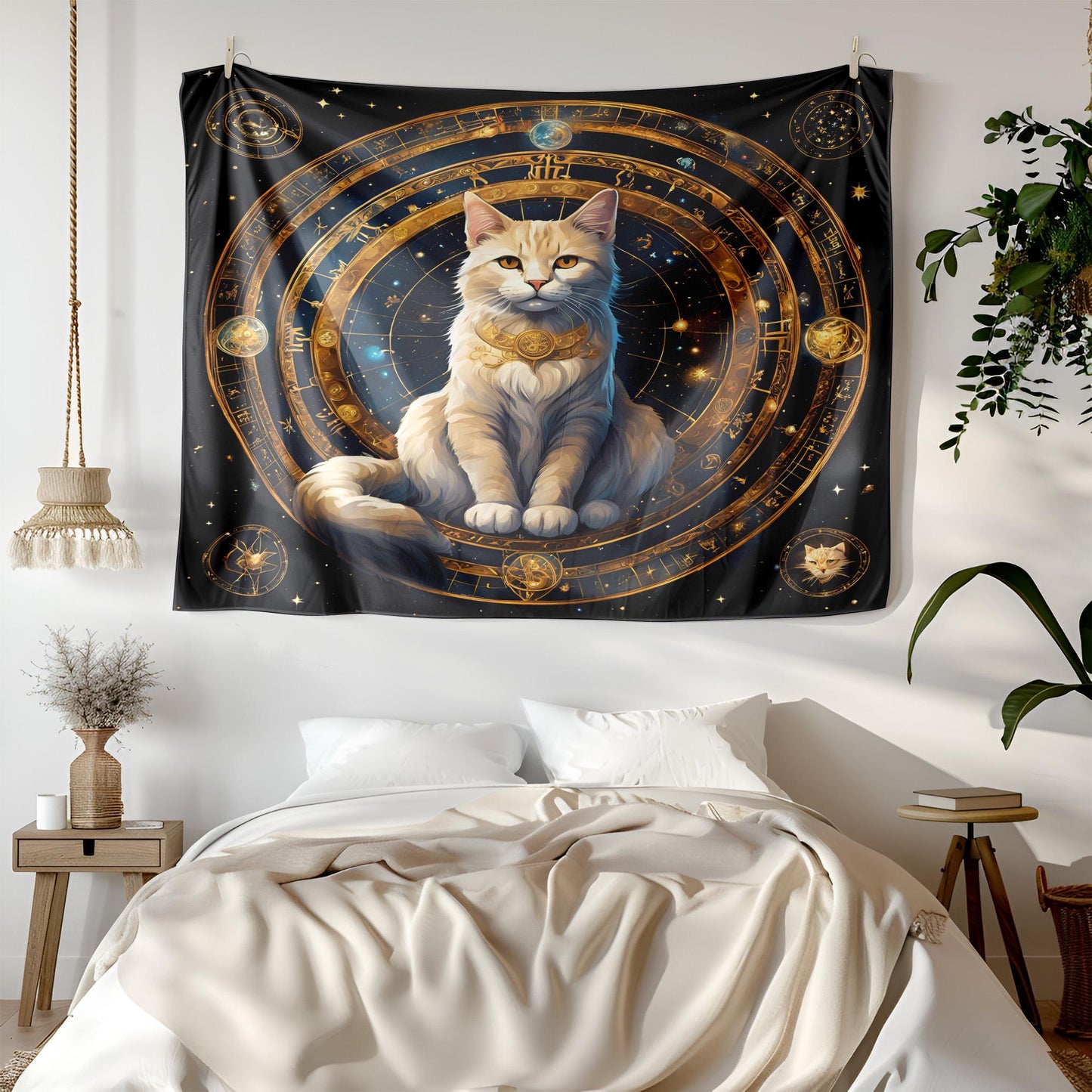 Zodiac Circle Cat Tapestry - Astrological Feline Wall Hanging - Celestial Cosmic Decor - Mystic Astrology Art - Witchy Home Decor