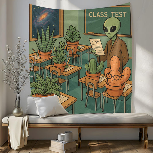 Alien Teacher Classroom Tapestry With Plant Students, Funny Galaxy Wall Art For Dorm, Sci Fi Botanical Decor, Space Gift For Plant Lover