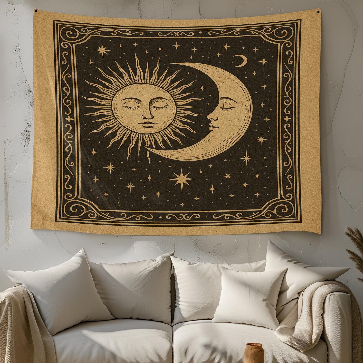 Vintage Celestial Sun and Moon Tapestry Wall Hanging – Boho Cosmic Wall Art with Stars and Retro Astrology-Inspired Space Design