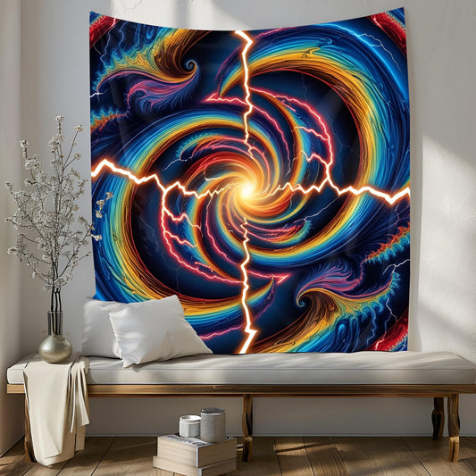 Psychedelic Optical Illusion Tapestry, Swirling Electric Waves, Rainbow Lightning & Hypnotic Fractal Vortex Wall Art