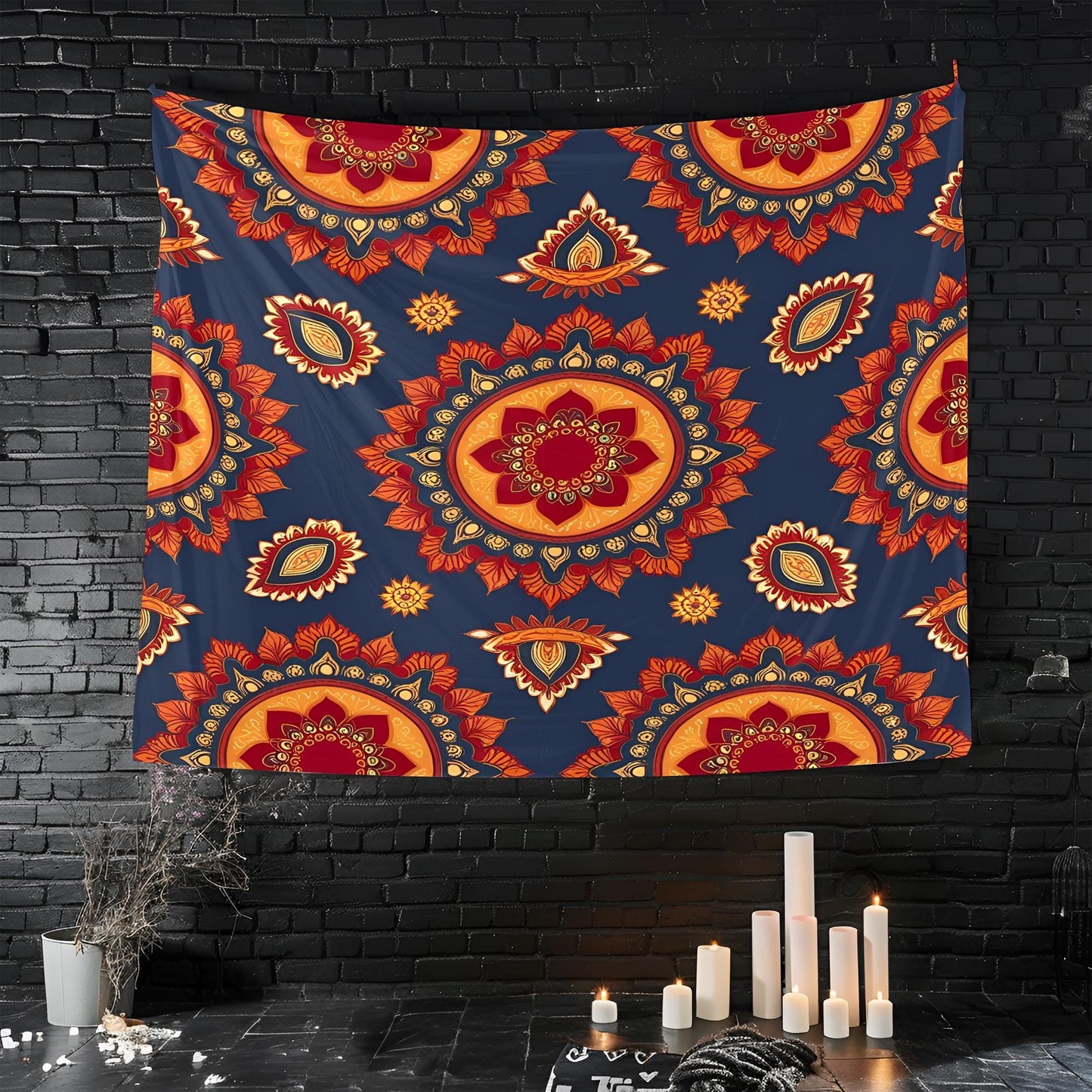 Seamless Indian Mandala Pattern Tapestry, Deep Red Orange Gold Symmetrical Design on Dark Blue, Traditional Boho Decorative Wall Art