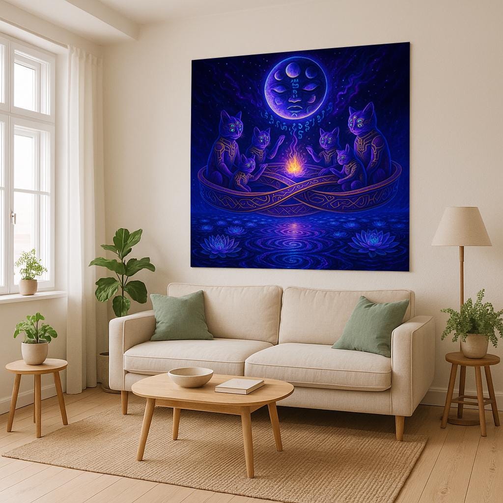 Mystic Cat Tapestry – Trippy Cosmic Cats Wall Art, Spiritual Fire Circle Decor, Celestial Feline Tapestry, Psychedelic Moonlit Scene