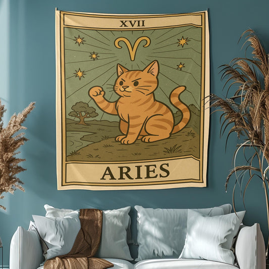 Aries Zodiac Cat Tapestry Wall Hanging – Cute Astrology Cat Art Decor for Bedroom, Dorm Room, Meditation Space or Gift Idea