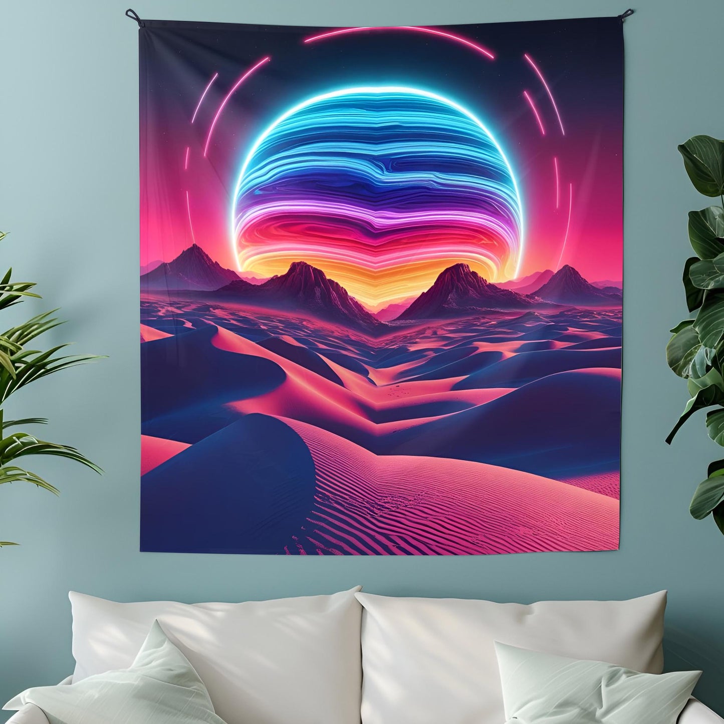 Psychedelic Desert Tapestry, Glowing Sand Dunes & Neon Sun, Surreal Melting Mountains, Retro-Futuristic Dreamscape Art, Trippy Tapestry
