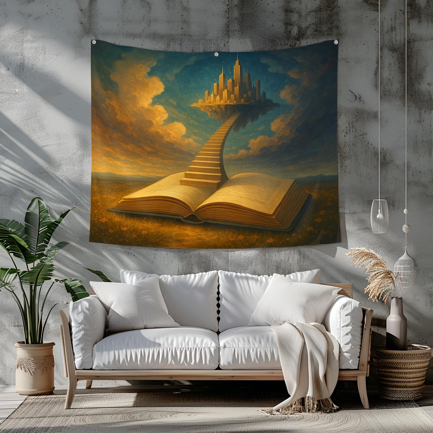 Open Book With Staircase To Floating City Tapestry, Surreal Dreamscape Field Scene, Literary Fantasy Wall Art, Gift For Readers