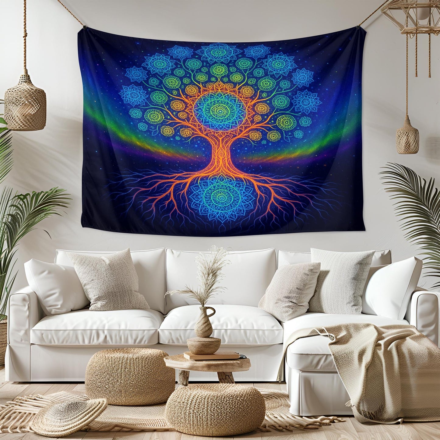 Mandala Tree of Life Tapestry Wall Hanging, Psychedelic Rainbow Art Decor, Spiritual Boho Wall Art for Bedroom Living Room Ambience