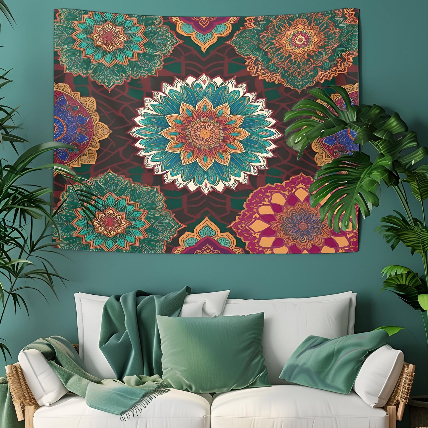 Moroccan Mandala Pattern Tapestry, Seamless Ornate Geometric Design with Rich Jewel Tones, Intricate Interwoven Details, Boho Wall Art
