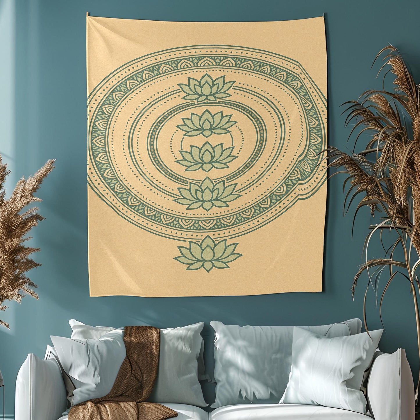Beige and Green Lotus Tapestry Wall Hanging – Minimalist Mandala Design for Yoga Room, Bedroom, or Meditation Corner